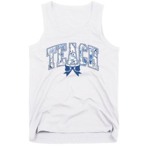 Teacher Coquette Toile Blue Bow Floral Tank Top