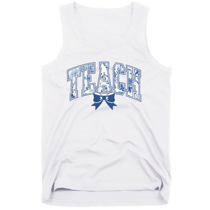 Teacher Coquette Toile Blue Bow Floral Tank Top