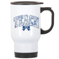 Teacher Coquette Toile Blue Bow Floral Stainless Steel Travel Mug