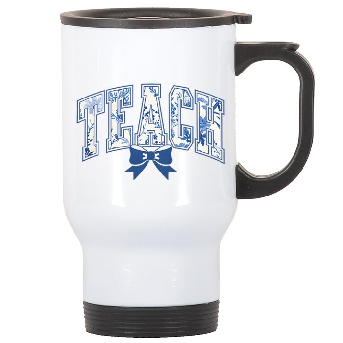 Teacher Coquette Toile Blue Bow Floral Stainless Steel Travel Mug