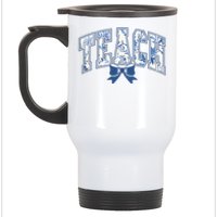 Teacher Coquette Toile Blue Bow Floral Stainless Steel Travel Mug