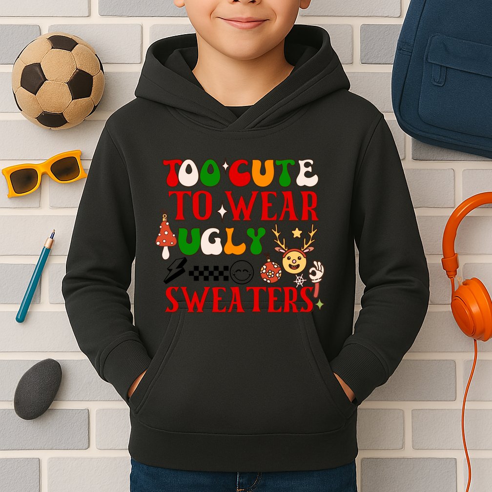 Too Cute To Wear Ugly Christmas Sweaters Kids Hoodie