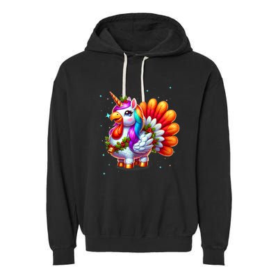 Thanksgiving Cute Unicorn Turkey For Girls Kids Garment-Dyed Fleece Hoodie