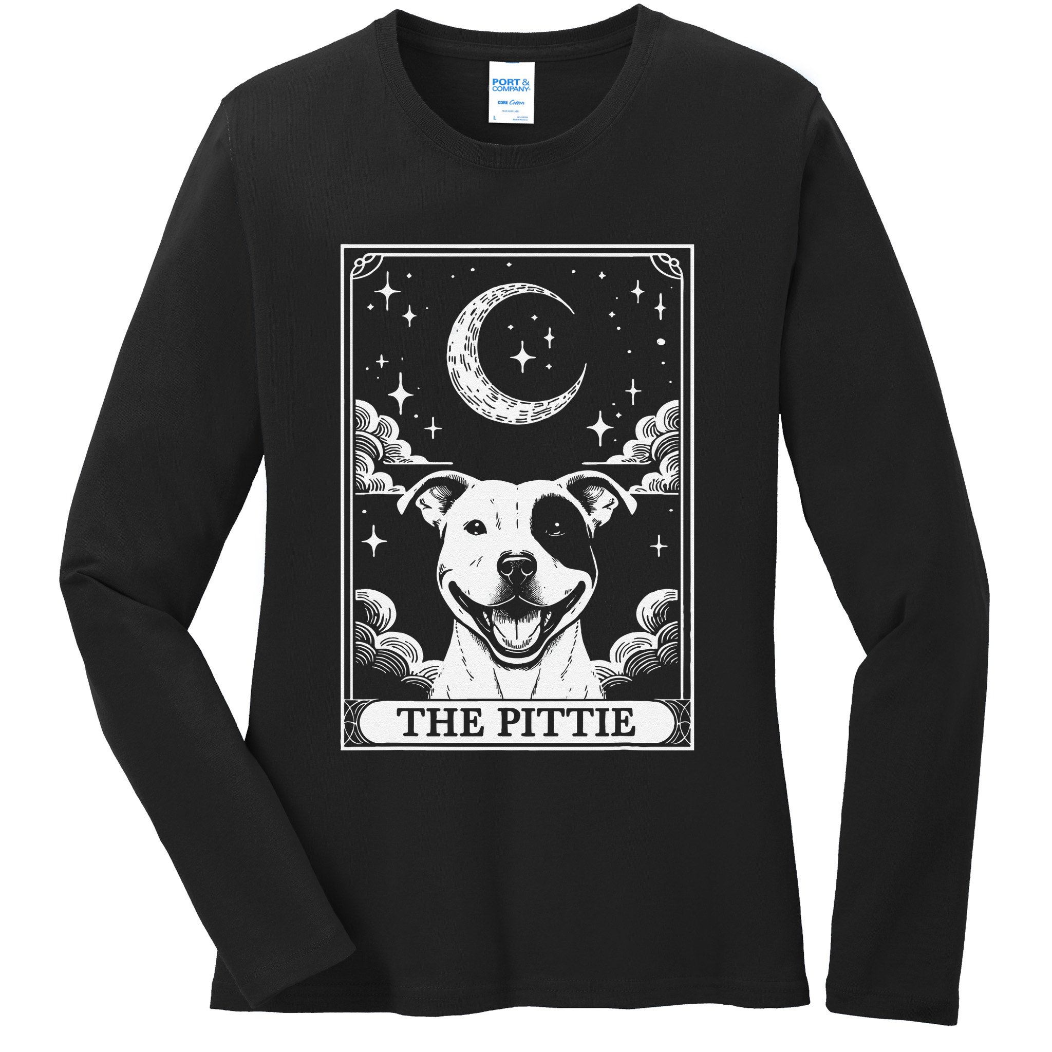 Tarot Card Vintage Crescent Moon Pit Bull Dog Pittie Mom Ladies Long Sleeve Shirt
