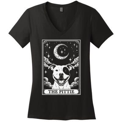 Tarot Card Vintage Crescent Moon Pit Bull Dog Pittie Mom Women's V-Neck T-Shirt