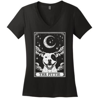 Tarot Card Vintage Crescent Moon Pit Bull Dog Pittie Mom Women's V-Neck T-Shirt
