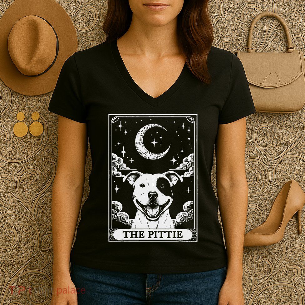 Tarot Card Vintage Crescent Moon Pit Bull Dog Pittie Mom Women's V-Neck T-Shirt