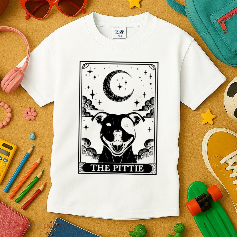 Tarot Card Vintage Crescent Moon Pit Bull Dog Pittie Mom Kids T-Shirt