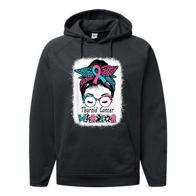 Thyroid Cancer Warrior Awareness Messy Bun Mom Teal Ribbon Performance Fleece Hoodie