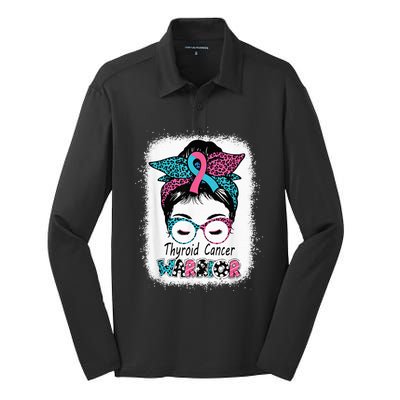 Thyroid Cancer Warrior Awareness Messy Bun Mom Teal Ribbon Silk Touch Performance Long Sleeve Polo