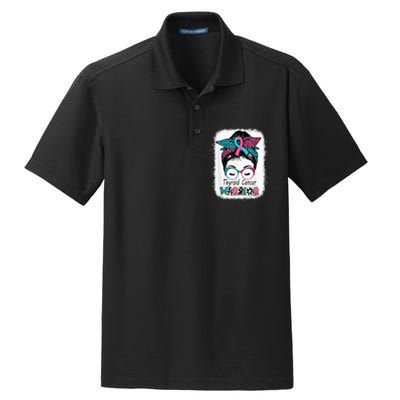 Thyroid Cancer Warrior Awareness Messy Bun Mom Teal Ribbon Dry Zone Grid Polo