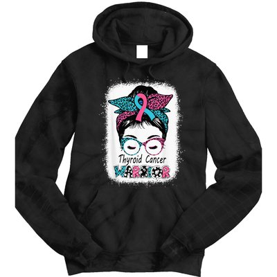 Thyroid Cancer Warrior Awareness Messy Bun Mom Teal Ribbon Tie Dye Hoodie