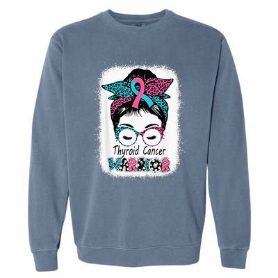 Thyroid Cancer Warrior Awareness Messy Bun Mom Teal Ribbon Garment-Dyed Sweatshirt