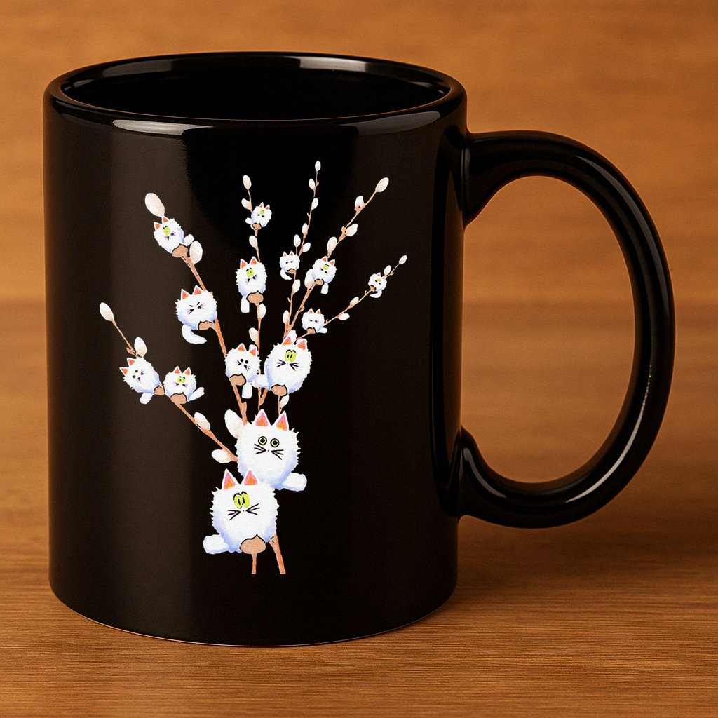 Tree Cat Willow Buds Flowers Tree 11oz C Handle Ceramic Mug
