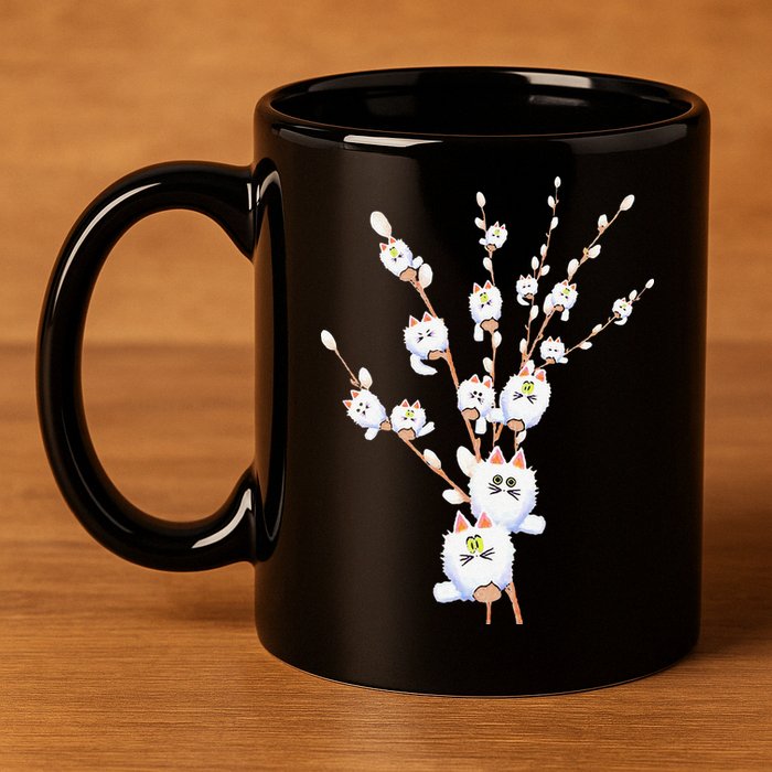 Tree Cat Willow Buds Flowers Tree 11oz C Handle Ceramic Mug