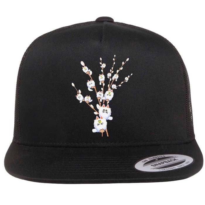 Tree Cat Willow Buds Flowers Tree Flat Bill Trucker Hat