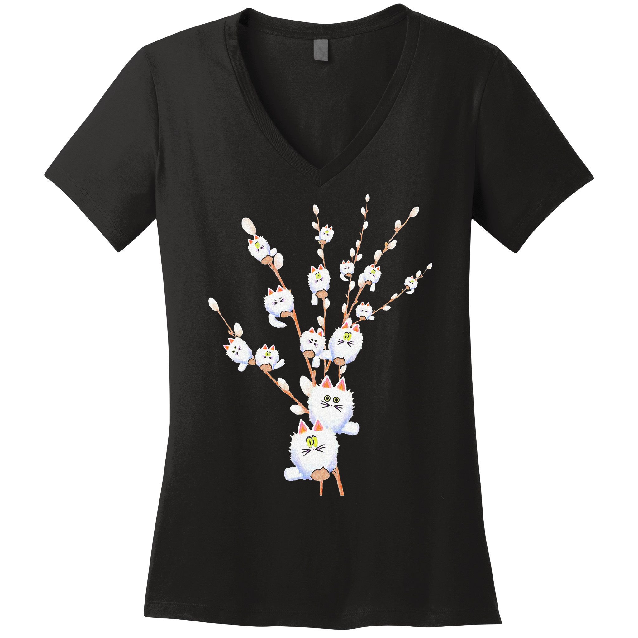 Tree Cat Willow Buds Flowers Tree Women's V-Neck T-Shirt