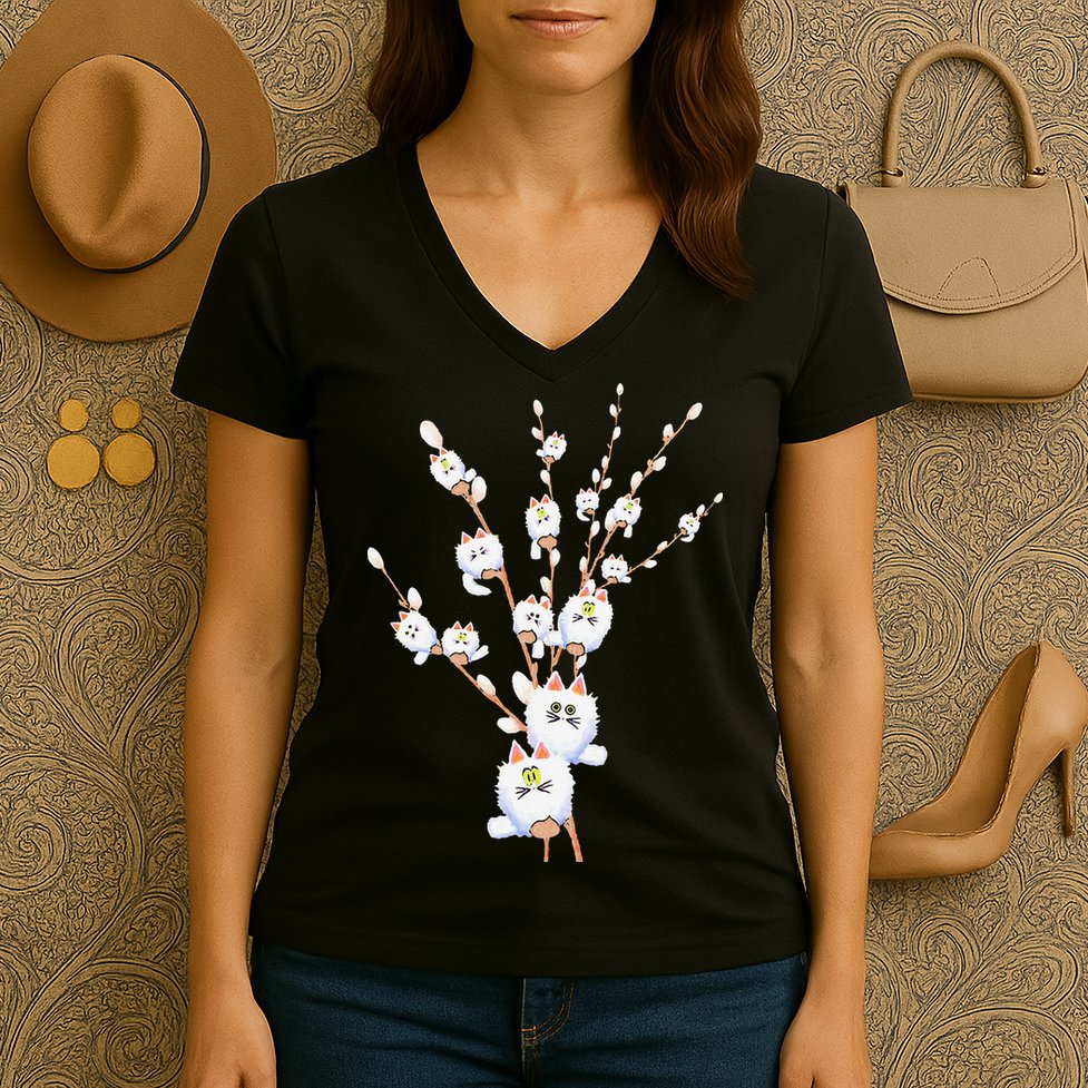 Tree Cat Willow Buds Flowers Tree Women's V-Neck T-Shirt
