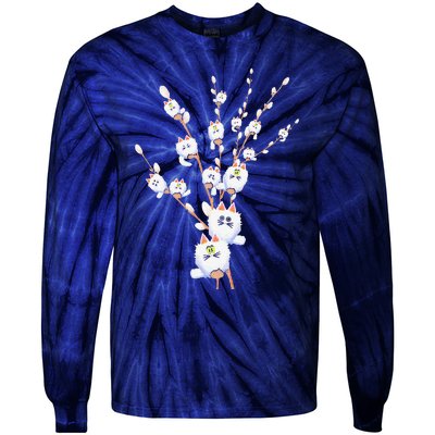 Tree Cat Willow Buds Flowers Tree Tie-Dye Long Sleeve Shirt