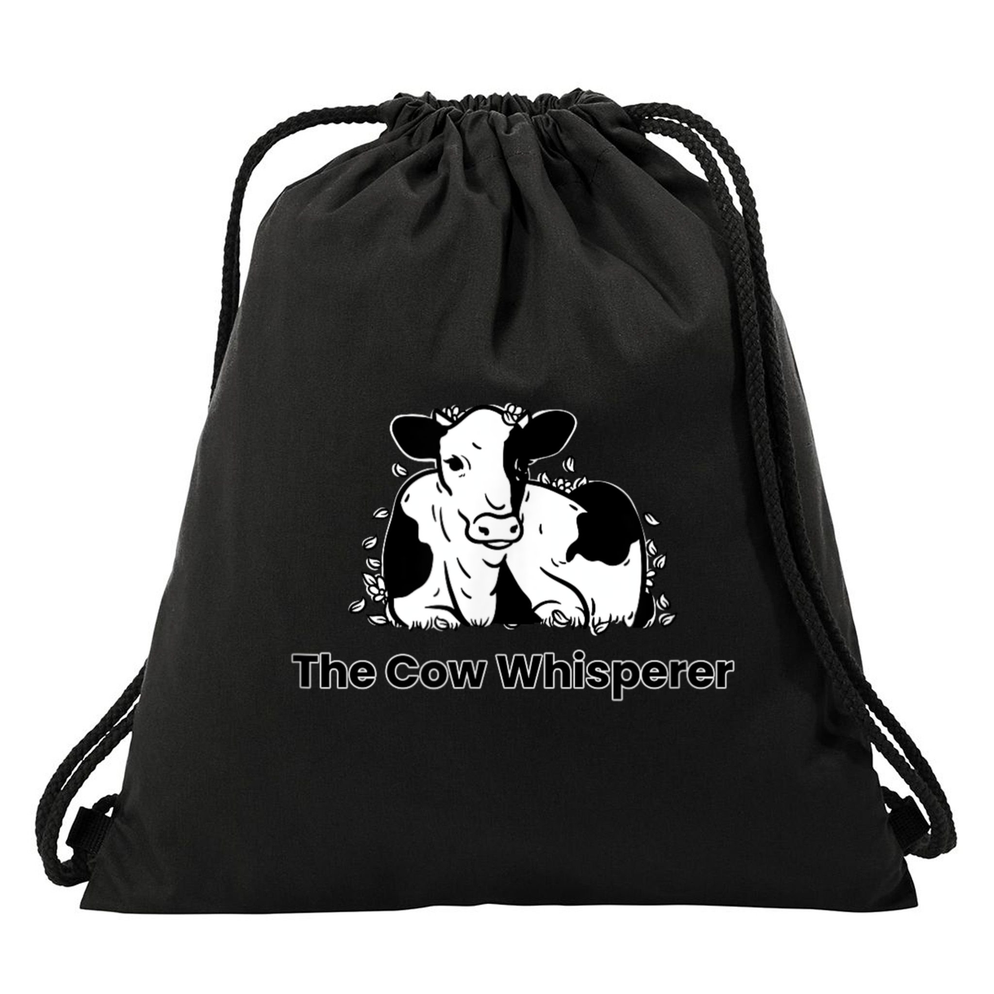 The Cow Whisperer Cute Black And White Resting Cow Drawstring Bag