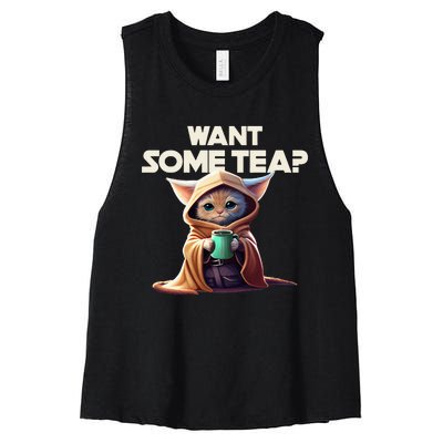 The Cat Want some tea funny animal Women's Racerback Cropped Tank