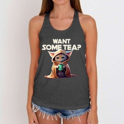 The Cat Want some tea funny animal Women's Knotted Racerback Tank