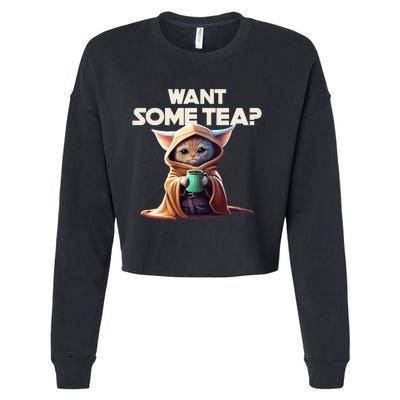 The Cat Want some tea funny animal Cropped Pullover Crew