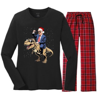 Trump Christmas Xmas T Rex Funny Trump Dinosaur Women's Long Sleeve Flannel Pajama Set 