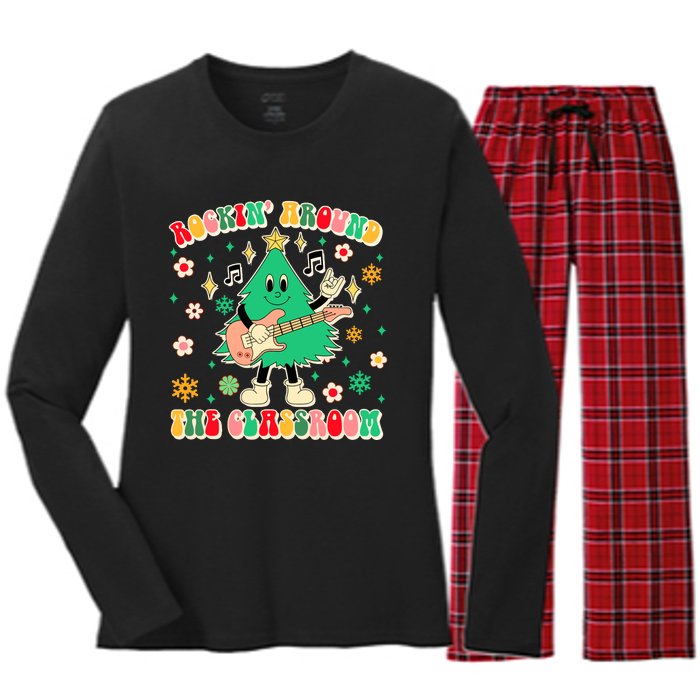 Teacher Christmas Xmas Vibes Rockin Around The Classroom Women's Long Sleeve Flannel Pajama Set 