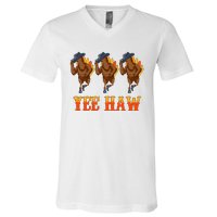 Turkey Cowboy Yeehaw Thanksgiving Day Rodeo Western Cowgirl V-Neck T-Shirt