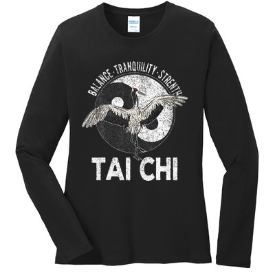 Tai Chi Yin Yang Crane Chinese Martial Arts Retro Vintage Ladies Long Sleeve Shirt