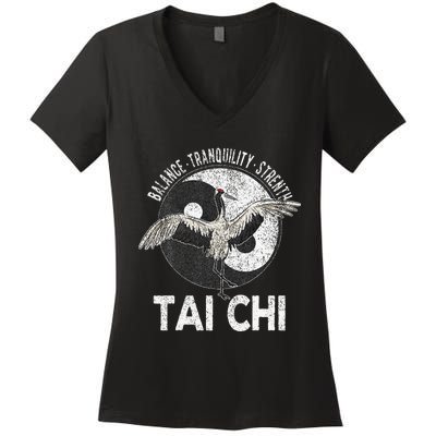 Tai Chi Yin Yang Crane Chinese Martial Arts Retro Vintage Women's V-Neck T-Shirt