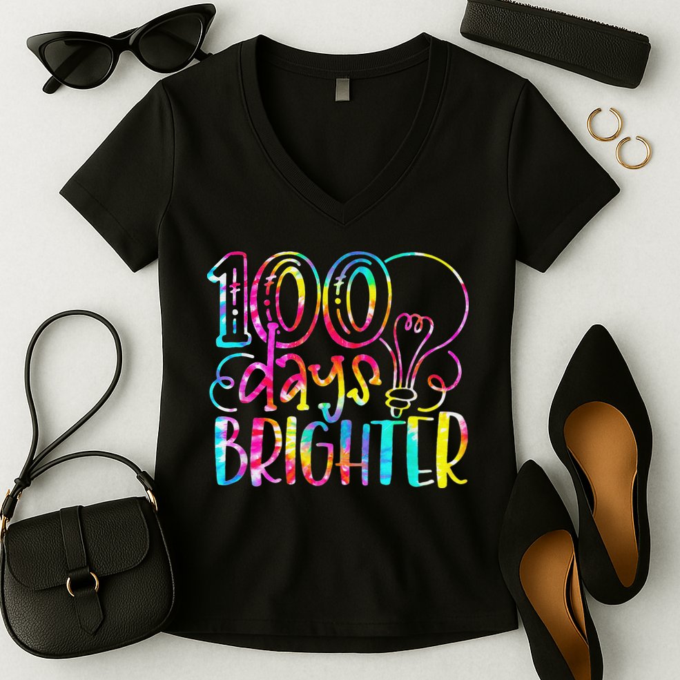 Tie Dye 100 Days Brighter Student Happy 100th Day Of School Women's V-Neck T-Shirt