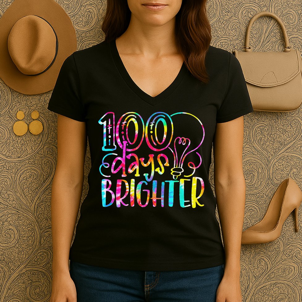 Tie Dye 100 Days Brighter Student Happy 100th Day Of School Women's V-Neck T-Shirt