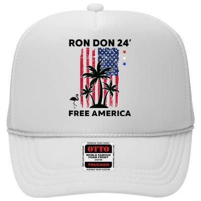 Trump Desantis 2024 Ron Don 24' American Flag Flamingo Stars High Crown Mesh Back Trucker Hat