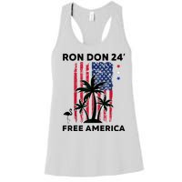 Trump DeSantis 2024 Ron Don 24 American Flag Flamingo Stars Women's Racerback Tank