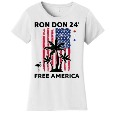 Trump DeSantis 2024 Ron Don 24 American Flag Flamingo Stars Women's T-Shirt