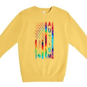 Tie Dye American Flag Autism Awareness Colorful Autism Puzzle Flag Gift Premium Crewneck Sweatshirt