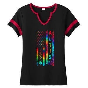 Tie Dye American Flag Autism Awareness Colorful Autism Puzzle Flag Gift Ladies Halftime Notch Neck Tee