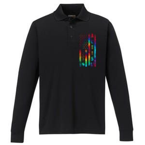 Tie Dye American Flag Autism Awareness Colorful Autism Puzzle Flag Gift Performance Long Sleeve Polo