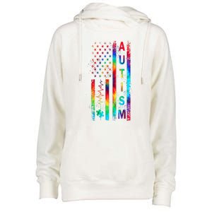 Tie Dye American Flag Autism Awareness Colorful Autism Puzzle Flag Gift Womens Funnel Neck Pullover Hood