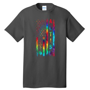 Tie Dye American Flag Autism Awareness Colorful Autism Puzzle Flag Gift Tall T-Shirt