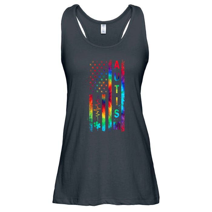 Tie Dye American Flag Autism Awareness Colorful Autism Puzzle Flag Gift Ladies Essential Flowy Tank