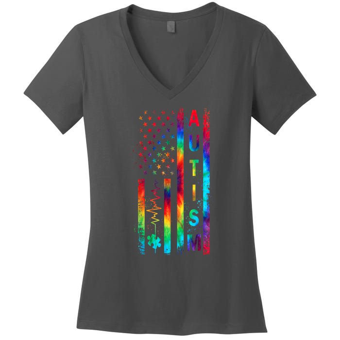 Tie Dye American Flag Autism Awareness Colorful Autism Puzzle Flag Gift Women's V-Neck T-Shirt