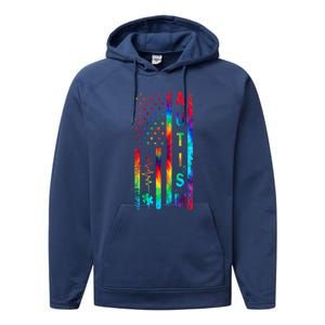 Tie Dye American Flag Autism Awareness Colorful Autism Puzzle Flag Gift Performance Fleece Hoodie