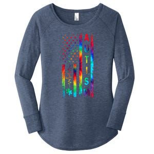 Tie Dye American Flag Autism Awareness Colorful Autism Puzzle Flag Gift Women's Perfect Tri Tunic Long Sleeve Shirt