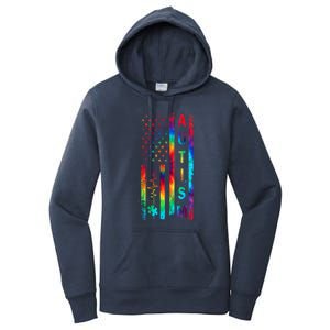 Tie Dye American Flag Autism Awareness Colorful Autism Puzzle Flag Gift Women's Pullover Hoodie