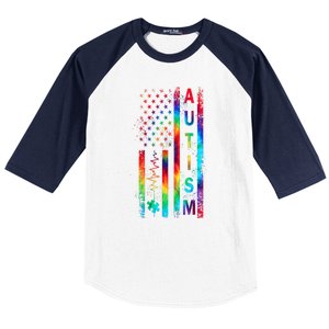 Tie Dye American Flag Autism Awareness Colorful Autism Puzzle Flag Gift Baseball Sleeve Shirt