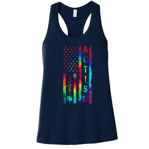 Tie Dye American Flag Autism Awareness Colorful Autism Puzzle Flag Gift Women's Racerback Tank