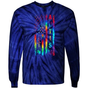 Tie Dye American Flag Autism Awareness Colorful Autism Puzzle Flag Gift Tie-Dye Long Sleeve Shirt